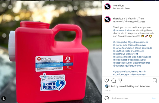 RiverAid Instagram post thanking the River Authority for donating a sharp kit to support their cleanup efforts.