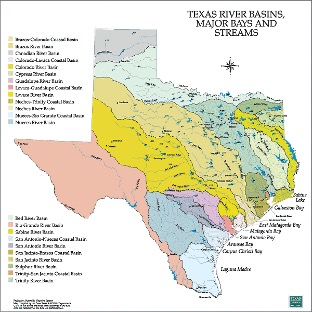 Texas River Basins Major Bays and Streams Map