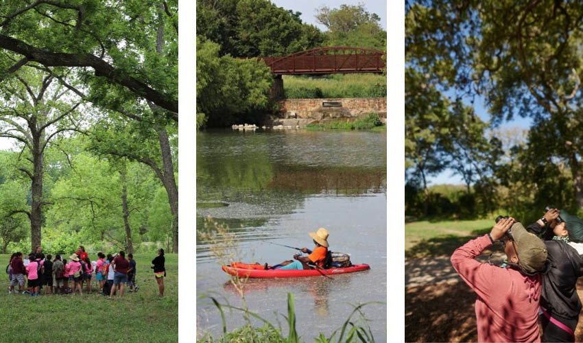 Three image montage of helton nature park, mission reach paddling and acequia park birdwatching