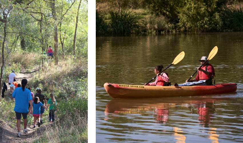 collage image of people walking along a park trail and two people paddling along the San Antonio River