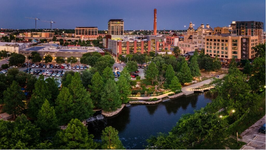 Drone view of the Museum Reach of the San Antonio River