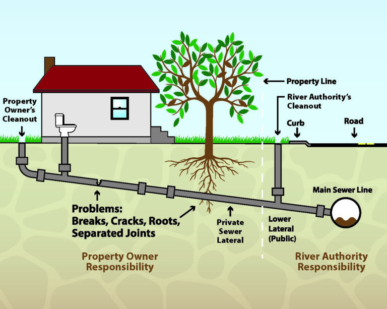 sewer lateral reimbursement program diagram shows how breaks, cracks, roots can cause problems on the private sewer lateral verses the public lateral side.