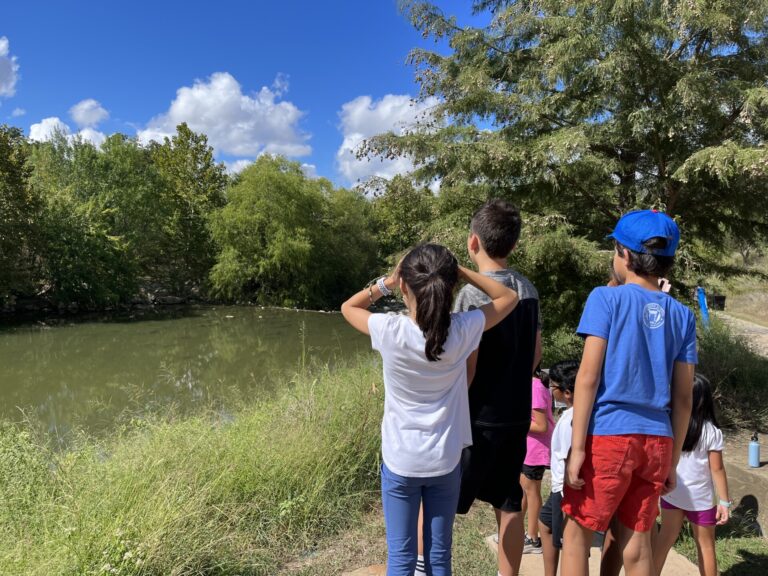 A group of kids looking at the river with their backs facing the camera.