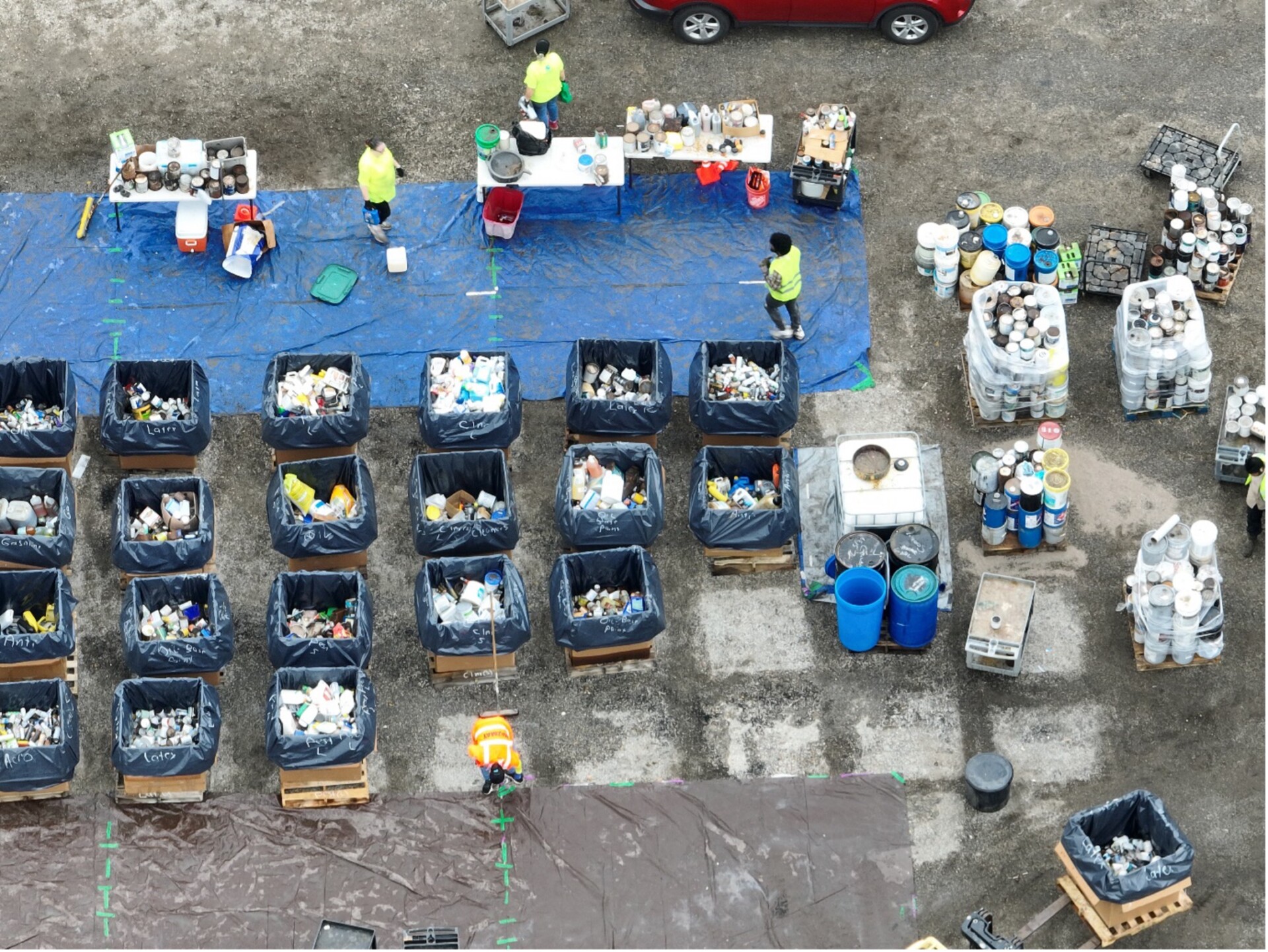 Overhead view of trash in bins