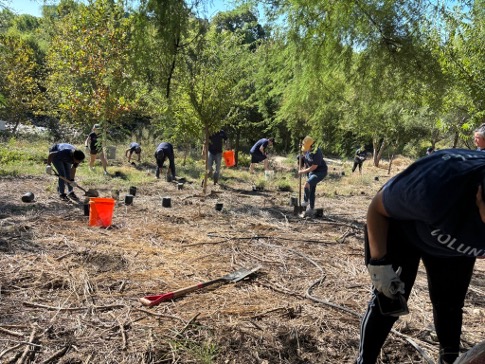 River Warrior volunteers spread out in an open field to collect trash.