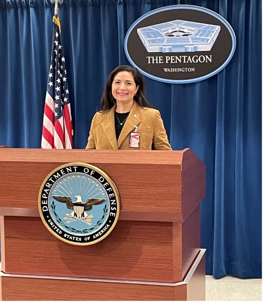 Liza Barratachea behind the podium at the United States pentagon